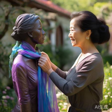 张纯如铜像感人瞬间：妈妈为女儿系上鸢尾丝巾